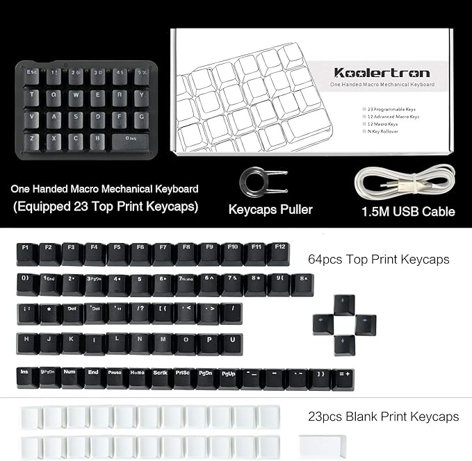 Koolertron One Handed Macro Mechanical Keyboard, Blue LED Backlit Portable Mini One-Handed Mechanical Gaming Keypad 23 Fully Programmable Keys Red Switches (Blue Backlit/Red switches)