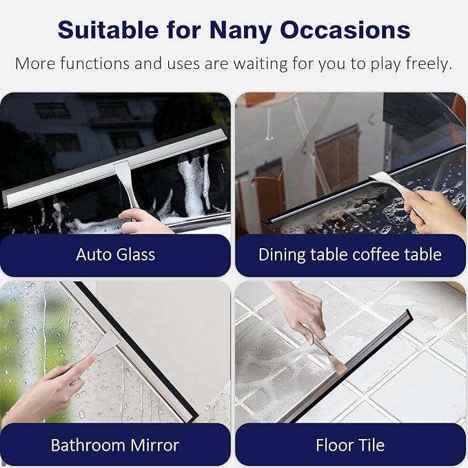 TOOVEM 14 Inch Shower Squeegee for Glass Doors, Window, Bathroom, Car Windshield, Shower Cleaning Tools with S Hook, Square Sticky Hook (Silver)