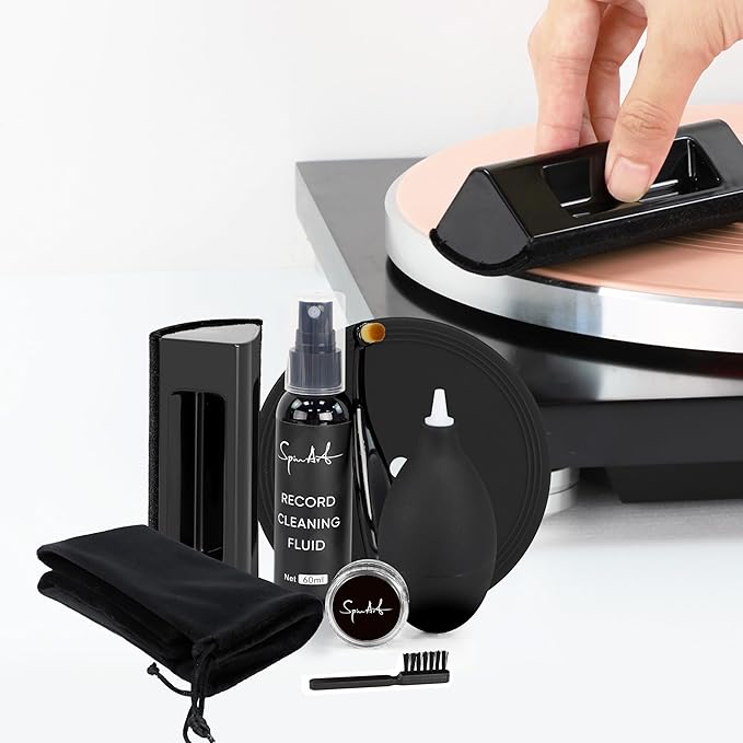 SpinArt Vinyl Record Cleaning Kit, 8-in-1 Record Cleaner Kit with Velvet Brush, Cleaner Liquid, Stylus Brush & Gel, Mini Brush, Air Blower, Label Protector, Pouch Vinyl Cleaning Kit for LP Albums
