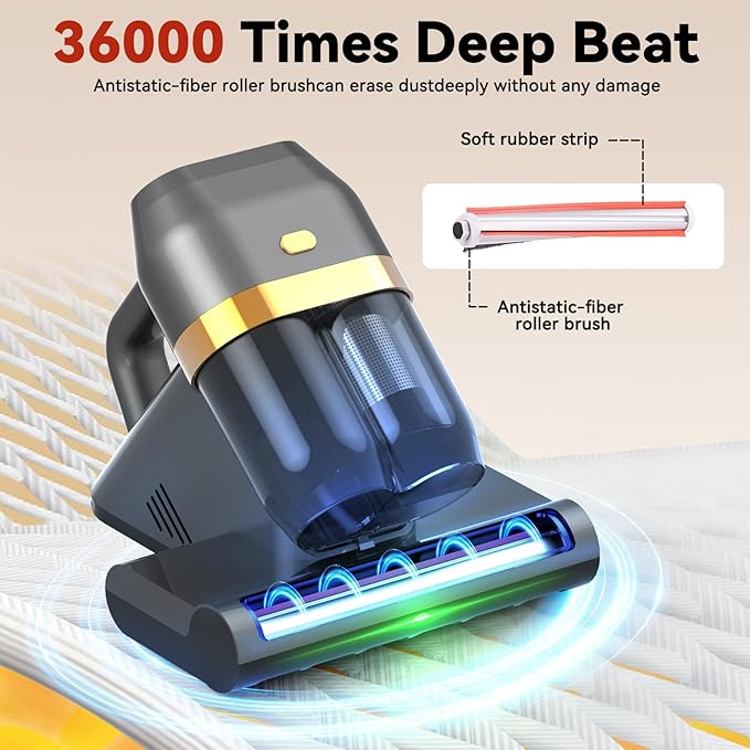 Mattress Vacuum Cleaner with 149°F Heat, 16KPa Powerful Suction, 253.7nm U V-C Light, 40,000 RPM Brushroll, HEPA Filter, Dual 400ml Dust Cups for Bed, Sofa, Pet Hair, Wired Corded Design