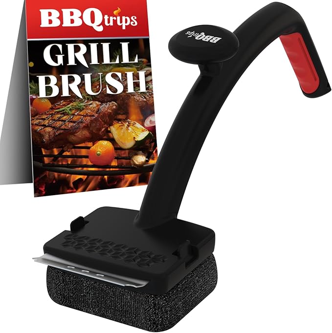 Bristle Free Grill Brush for Outdoor Grill - Safer BBQ Scrubber with Replaceable Dense Steel Fiber Woven Head - Heavy Duty Grill Cleaner & Scraper with Leverage Knob for Gas, Charcoal