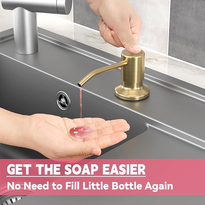 Sink Soap Dispenser, OHiHi Kitchen Sink Soap Dispenser with 47" Extension Tube, Wide Pump Head Base, No Water Leaking, No Need to Fill The Little Bottle Again, Gold