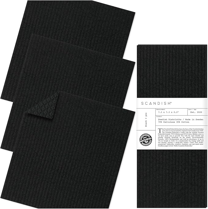 Black Swedish Dishcloths for Kitchen - Set of 3 Swedish Dish Cloths | Swedish Dish Towels Made in Sweden | Reusable, Compostable Black Dishcloths for Kitchen