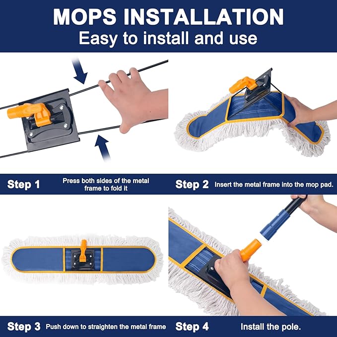 24" Commercial Dust Mop for Floor Cleaning,Heavy Duty Floor Duster with 2 Cotton Reusable Mop Pads,59” Long Handle Wet Dry Flat Mops for Hardwood Floors,Marble, Laminate,Tile,Concrete,Garage (Blue)