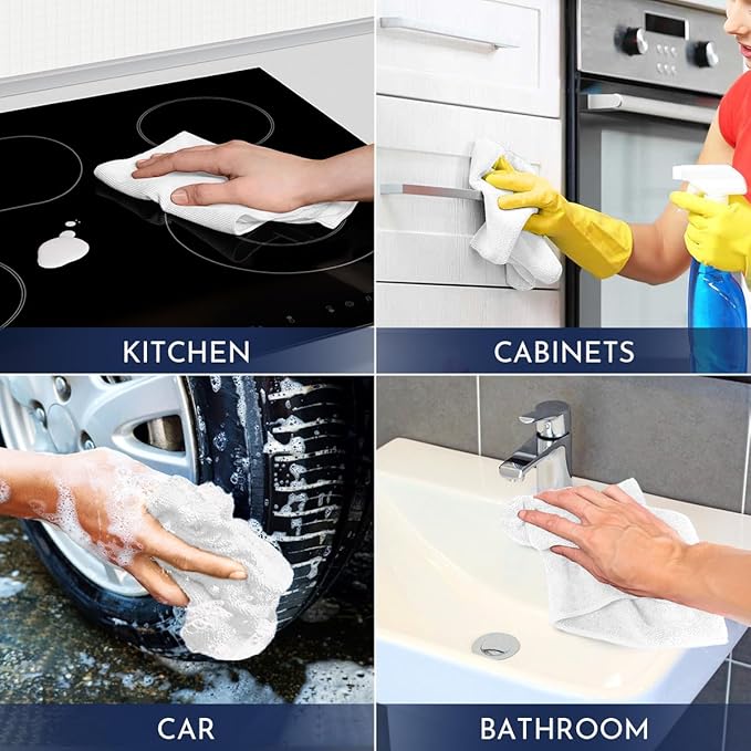 GLIMGLINT White Microfiber Cleaning Cloth,150PK Reusable Cleaning Rags,Highly Absorbent Shop Rags Bulk,All-Purpose Car Cleaning Towels for TV Screen,Kitchen,Bathroom,Restaurant,Garage, 14"X12"