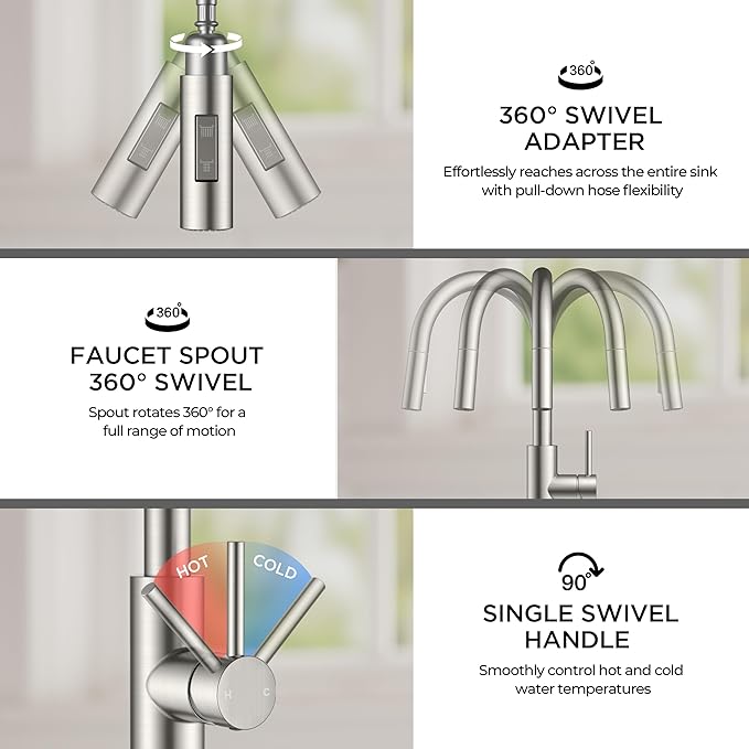 FORIOUS Kitchen Faucet with Soap Dispenser, Modern Brushed Nickel, Single Handle High Arc Stainless Steel Kitchen Sink Faucet with Pull Down Sprayer, 1 or 3 Hole Deck Mount for RV, Laundry, Outdoor