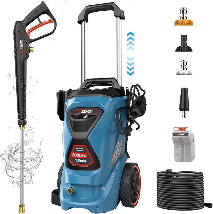 2000 PSI Electric Pressure Washer - 13 Amp, 1.2 GPM, Compact Design with 4 Quick-Connect Nozzles & Spray Gun - Includes 25 ft Hose and 35 ft Power Cord - Ideal for Cleaning Cars, Driveways, Patios