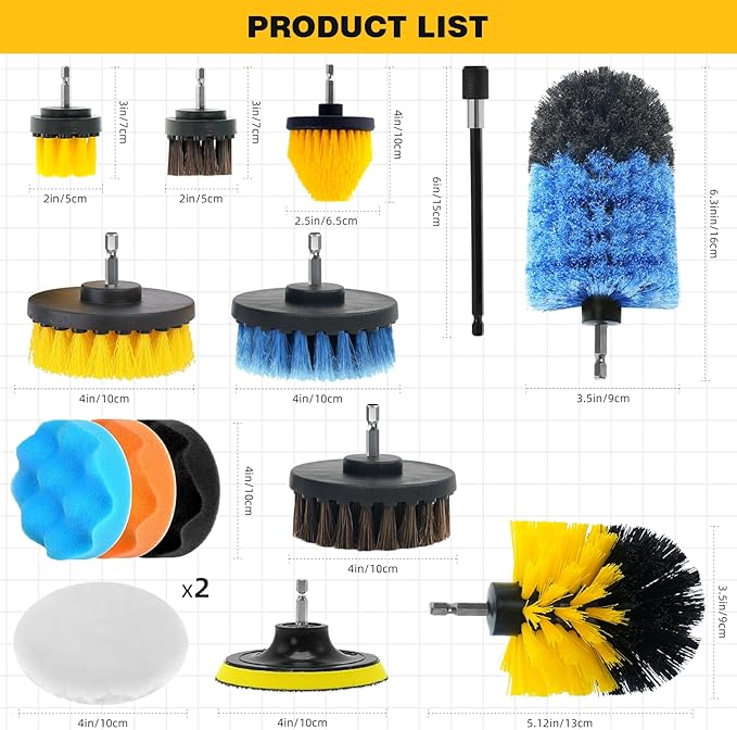 15 Pcs Drill Brush Attachments Set Hard and Soft Bristles Horsehair Brush Cleaning Kit Scrub Sponge Polishing Pads for Home Bathroom Car Kitchen Corners Sink Stubborn Stains Tiles