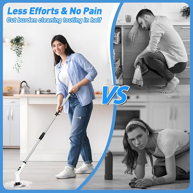 Electric Spin Scrubber, Cordless Shower Cleaning Scrubber with 9 Brush Heads, 2 Speed with Adjustable Extension Handle, Waterproof Bathroom Scrubber with LCD Display for Bathtub Kitchen Wall
