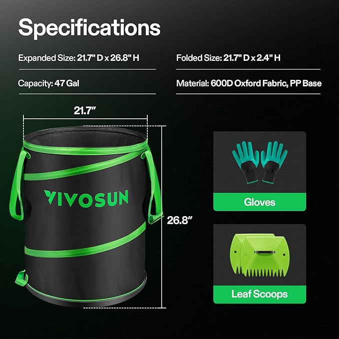 VIVOSUN 47-Gallon Collapsible Garden Bag, Yard Waste Bin with Hard-Shell Bottom, Leaf Scoops and Gloves, Collapsible Yard Waste Containers for Lawn Care and Camping