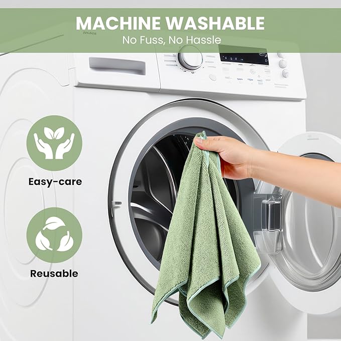 Microfiber Cleaning Cloth, 12 Pack Green Cleaning Rags for Housekeeping, Reusable Microfiber Towels for Car, Kitchen, Bathroom and Household Cleaning Supplies, 11.8"X11.8"