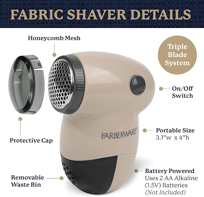 Farberware Lint Remover Fabric Shaver – Battery Operated Lint Shaver with Triple Blades for Clothes, Sweater Shaver to Remove Fuzz, Lint Balls, Pilling for Clothing, Couch, Furniture (Beige, Small)