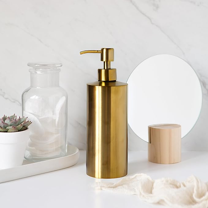 Brass Soap Dispenser for Kitchen & Bathroom – 15 oz Refillable Resin Pump Bottle for Dish Soap, Hand Soap, Shampoo, Conditioner – Modern Countertop Dispenser with Non-Slip Protective Pads