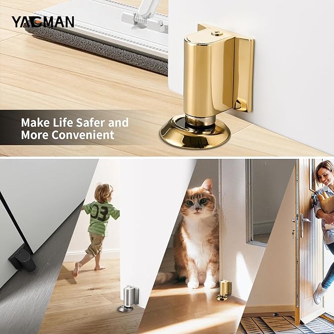 3 Pack Magnetic Door Stopper, Magnet Floor Door Stop Retractable, Door Magnetic Catch, Door Holder to Keep Door Open, No Drilling Mount with Adhesive, Polished Gold PG-3
