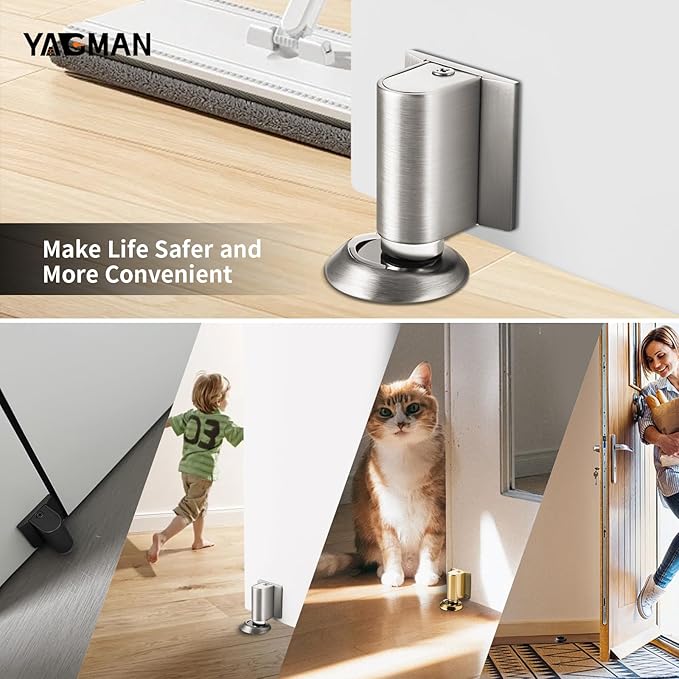 Magnetic Door Stopper, Magnet Floor Door Stop Retractable, Door Magnetic Catch, Door Holder to Keep Door Open, No Drilling Mount with Adhesive, Brushed Nickel 1 Pack BN-1