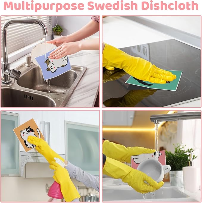 Needbrock 6 Pack Swedish Dishcloths for Kitchen, Swedish Rags Absorbent Cat Dish Cloths Dish Towels with Adhesive Clips, Reusable Paper Towels No Odor for Cleaning Kitchen Valentines Gifts for Women