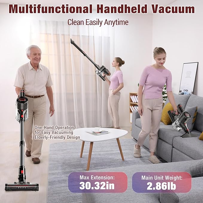 Cordless Vacuum Cleaner, 450W/40Kpa Stick Vacuum with Powerful Suction, 50Min Vacuum Cleaner for Home, Anti-tangle and 1L Dust Cup, 8 in 1 Lightweight Vacuum for Hardwood Floor Carpet Pet Hair