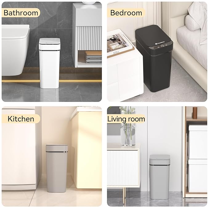3 Pack Bathroom Trash Can 2.6 Gallon Small Touchless Automatic Motion Sensor Trash Cans Slim Waterproof Garbage Bin with Lid for Kitchen, Office, Bedroom Black White Grey