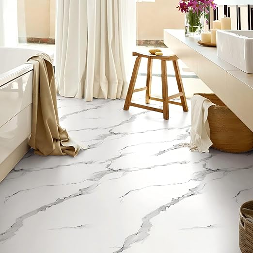 Luxury Thicken Matte Grey White Marble Peel and Stick Floor Tiles Self-Adhesive Vinyl Flooring Roll-DIY Easy for Wall and Floor,Hard Surface/Waterproof/Anti Slip (Not Real Marble, 17.72 "W x 393.7" L)