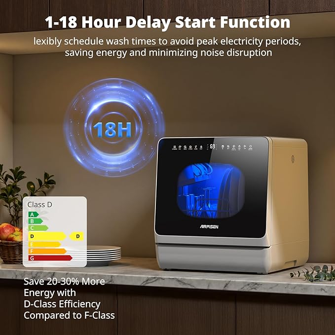 AIRMSEN Countertop Dishwasher - 8 Wash Programs and 3 Useful Function, Integrated Water Softener, Delayed Start, Child Lock, No Hookup Needed, Portable Mini Size for Home, Apartments & RVs