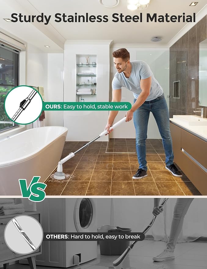 kHelfer Electric Spin Scrubber, 2025 New Shower Scrubber 8 Replacement Head, 1.5H Cordless Bathroom Scrubber Dual Speed, Shower Cleaning Brush with Extension Arm for Bathtub Tile Floor