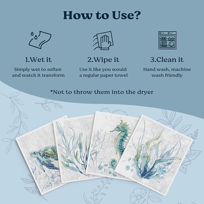 Swedish Dishcloths for Kitchen, Coastal Ocean Turtle Kitchen Dish Towels for Washing Dishes, 4 Pack Reusable Paper Towels Washable, Sponge Cloths for Home Cleaning Baking Cooking Decor