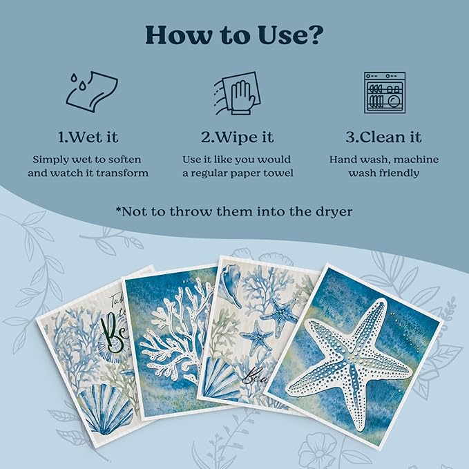 Swedish Dishcloths for Kitchen, Summer Coastal Starfish Beach Decor Kitchen Dish Towels for Washing Dishes, 4 Pack Reusable Paper Towels, Sponge Cloths for Home Cleaning Baking Cooking Decor