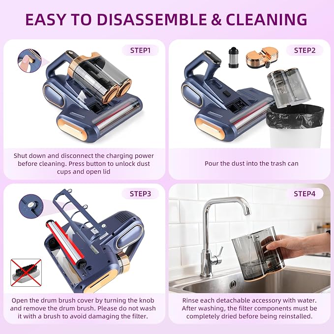 Mattress Vacuum Cordless with 16Kpa Suction & HEPA Dust Cups, 253.7nm UV-C Light & Ultrasonic, Low Noise Widened Suction Port Handheld Vacuum for Bed Pillows Couch Car Seat Rugs, Deep Blue