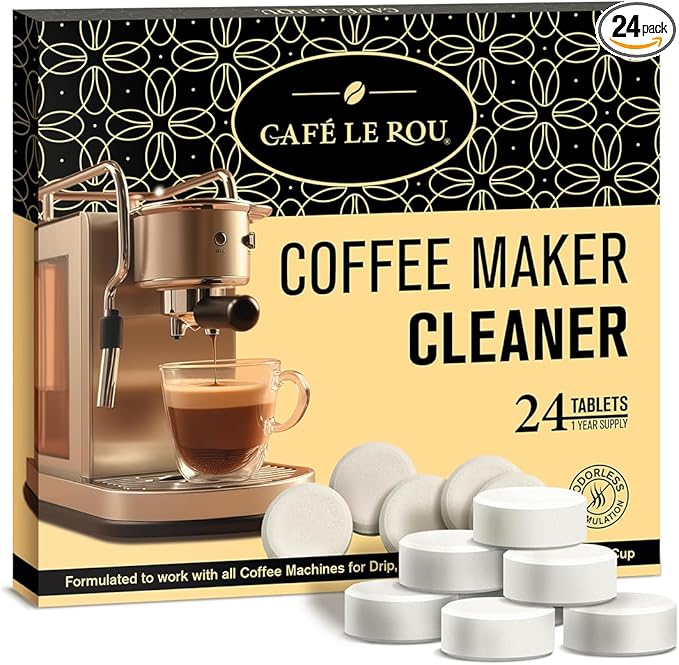 Cafe Le Rou Coffee Maker Cleaner and Descaler Tablets, Universal Cleaning Solution for All Coffee Machines, 24 Count, 1 Year Supply