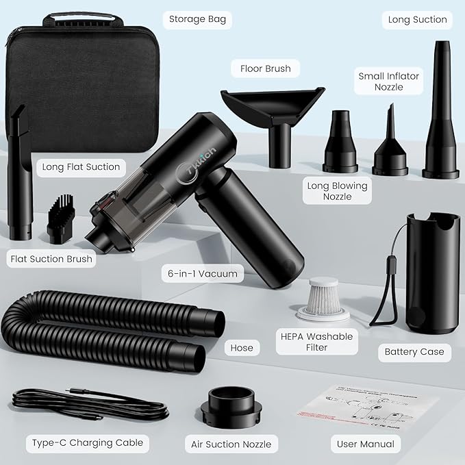 Cordless Car Vacuum Cleaner with Removable Battery as 35W Power Bank, 6-in-1 Handheld Vacuum Blower Set,18000PA Mini Vacuum Cleaner 6000mAH with Brushless Motor for Car Home -1 Batteries