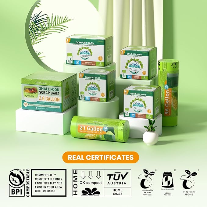 GreFusion 2.6 Gallon Compostable Trash Bags, 100 Count, Extra Thick 0.71 Mil, Certified by BPI and ASTM D6400, Perfect Fit for Small Trash Cans