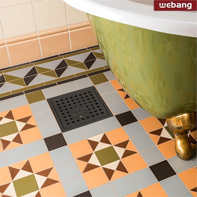 WEBANG 6 Inch Square Shower Floor Drain with Flange,Quadrato Pattern Grate Removable,Food-Grade SUS 304 Stainless Steel,Watermark&CUPC Certified,Matte Black