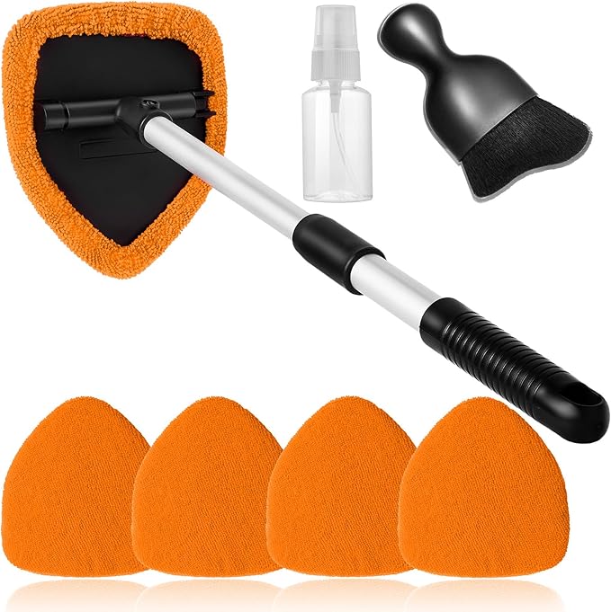 7pcs Windshield Cleaner Tool Car Window Cleaning Wash Kit with 4 Reusable Microfiber Pads 1 Spray Bottle and Extendable Handle Auto Glass Wiper Kit, Orange