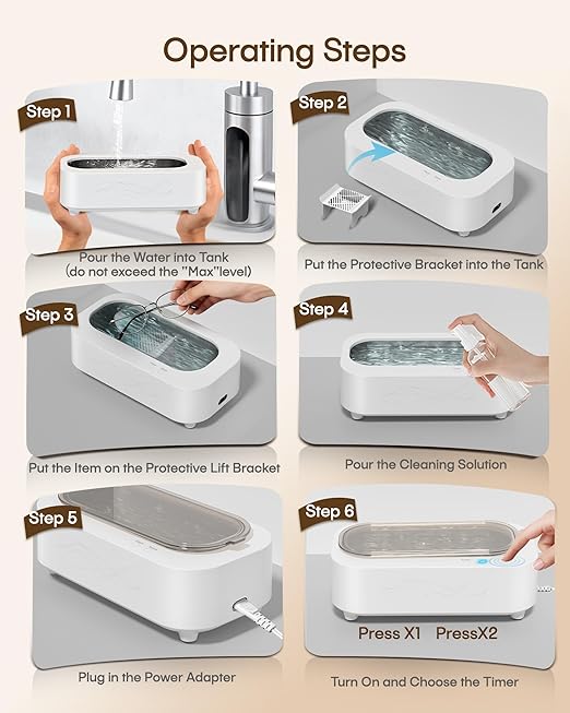 Ultrasonic Jewelry Cleaner, Professional 48KHz Ultrasonic Machine for Jewelry, Eyeglass,Denture,Watch Band,Retainer,Ring - 2 Cleaning Modes/360ยฐDeep Clean,350ML/12OZ 304 Stainless Steel Tank,Low Noise
