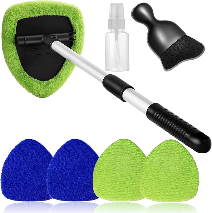 7pcs Windshield Cleaner Tool Car Window Cleaning Wash Kit with 4 Reusable Microfiber Pads 1 Spray Bottle and Extendable Handle Auto Glass Wiper Kit, Blue&Green
