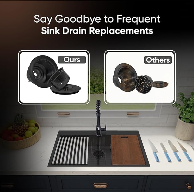 Strictly Sinks Sink Drain Strainer with Removable Basket - 3-1/2 Inch Stainless Steel Round Kitchen Sink Drain Assembly Kit with Deep Strainer Basket & Stopper (Black)