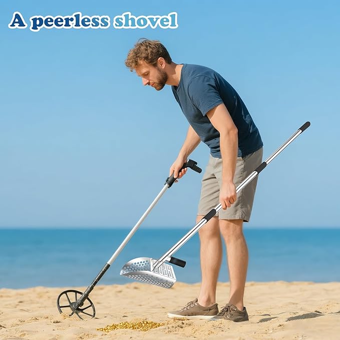 Long Handle Sand Scoop,with Metal Detector Pinpointer,Stainless Steel Beach Metal Detecting Shovel for Adults, Ideal for Underwater Treasure Hunting,Beach Sifting,Excavation Tools