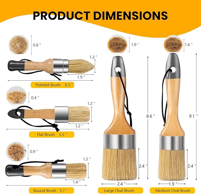Chalk Paint Brush, Wax Paint Brush Set of 5, Wax Brushes and Chalk Paint for Furniture DIY Art Crafts, Natural Bristle Round Oval Brush for All Painting and Waxing