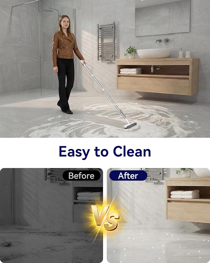 Small Floor Scrub Brush with Length Adjustable Long Handle, 3 in 1 Heavy-Duty Stiff Bristle Scrubber Brush with Squeegee and Tweezer for Cleaning Bathroom, Tile, Deck, Patio, Garage and Kitchen