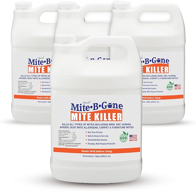 Mite Killer Treatment Spray Pack by Mite-B-Gone - Naturally Kills All Types of Mites, Human, Dust, Spider, Rat, Carpet & Bird Mites | Family & Pet Friendly | 1 Gal 4-Pack