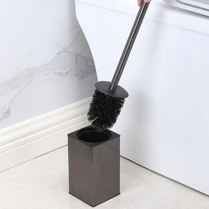 Toilet Brush and Holder, Stainless Steel Square Toilet Bowl Brush Freestanding with Lid,Toilet Cleaner Brush Set for Bathroom Storage,Black