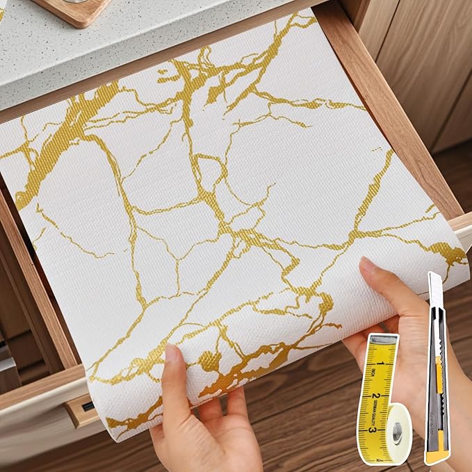 Drawer and Shelf Liner for Kitchen Cabinet Non Slip Waterproof Shelf Paper 23.6 in X 20 Ft Non Adhesive Refrigerator Liners Gold White Marble Easy Liners for Bathroom Cupboard