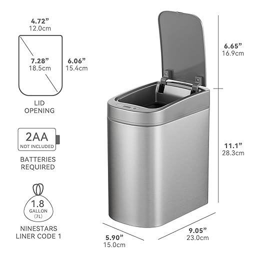Ninestars Automatic Motion Sensor Bathroom Trash Can, 1.8 Gallon Smart Opening Garbage Bin for Bathroom, Bedroom, Kitchen, Office