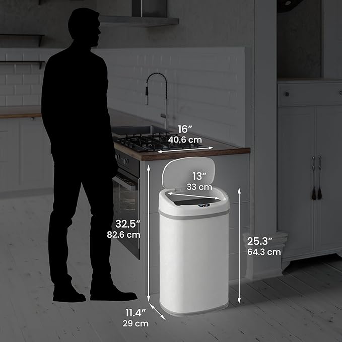 iTouchless 13 Gallon Oval Sensor Trash Can with Odor Filter, Automatic Motion Sensor Kitchen Bin, Soft-Close White Steel, Slim Curved Design for Nursery, Bathroom & Clinic