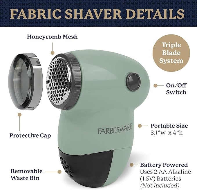 Farberware Lint Remover Fabric Shaver – Battery Operated Lint Shaver with Triple Blades for Clothes, Sweater Shaver to Remove Fuzz, Lint Balls, Pilling for Clothing, Couch, Furniture (Sage, Small)