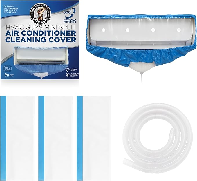 Mini Split Cleaning Bag | 360 Waterproof Design | Fits Systems 27in - 39in Long | Mini Split Cleaning Kit Includes Overspray Guards and Drain Hose