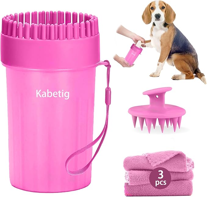 Quick Clean Dog Paw Cleaner 5-in-1 Kit, Pink (Medium) - No Full Bath Needed, Post-Walk Paw Clean - with Silicone Bath Brush, 3 Microfiber Towels - Fits Corgi 1.2-2.5 In (3.05-6.35 cm)