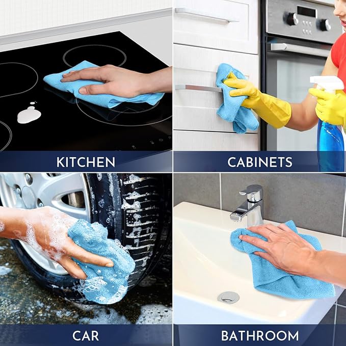 GLIMGLINT Blue Microfiber Cleaning Cloth,150PK Reusable Cleaning Rags,Highly Absorbent Shop Rags Bulk,All-Purpose Car Cleaning Towels for TV Screen,Kitchen,Bathroom,Restaurant,Garage, 14"X12"