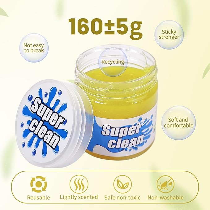Car Cleaning Gel, Eco-Friendly & Biodegradable Detailing Putty for Car Interior, Reusable Slime for Vents, Keyboard Cleaner, Dust Cleaning Goop, Auto Accessories, Lemon Scented, 5.6 Oz