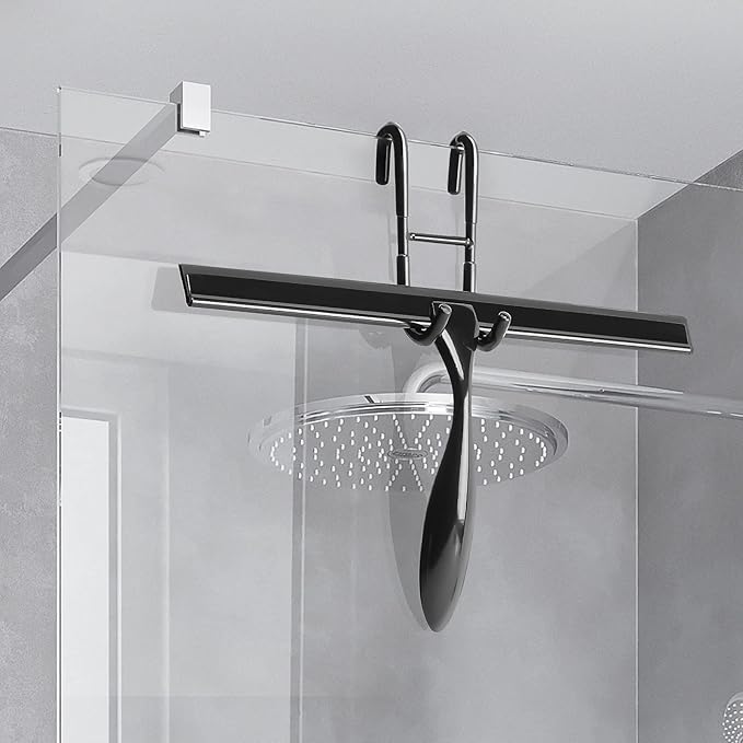 Simtive 14-Inch Shower Squeegee Set, Includes Shower Door Hook and Adhesive Hook, Squeegee for Shower Doors, Mirror and Window, Black
